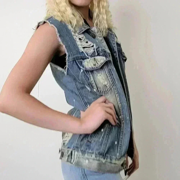 Acid Wash Distressed Denim Jean Vest by Brooklyn Cloth Co. -  S - Picture 3 of 7